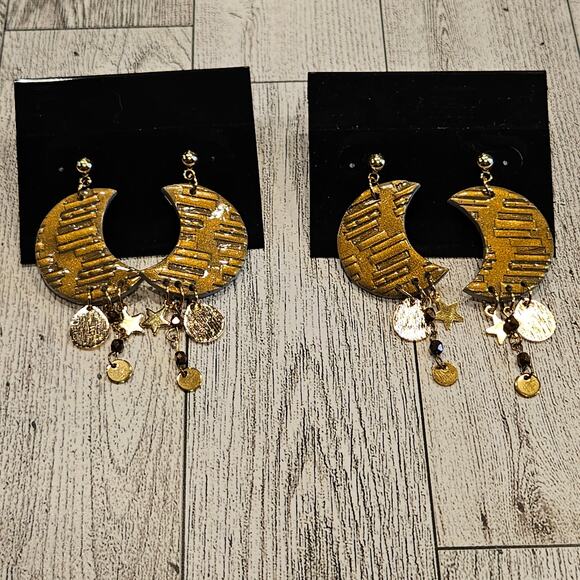 Moon Dangle Earrings Bookstack Embossed Cottagecore Read Boho Handmade Clay - Picture 5 of 5